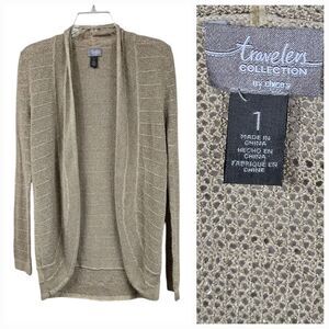 Chico's Traveler Beige Metallic Cardigan Sweater Open Front Long Sleeve Career